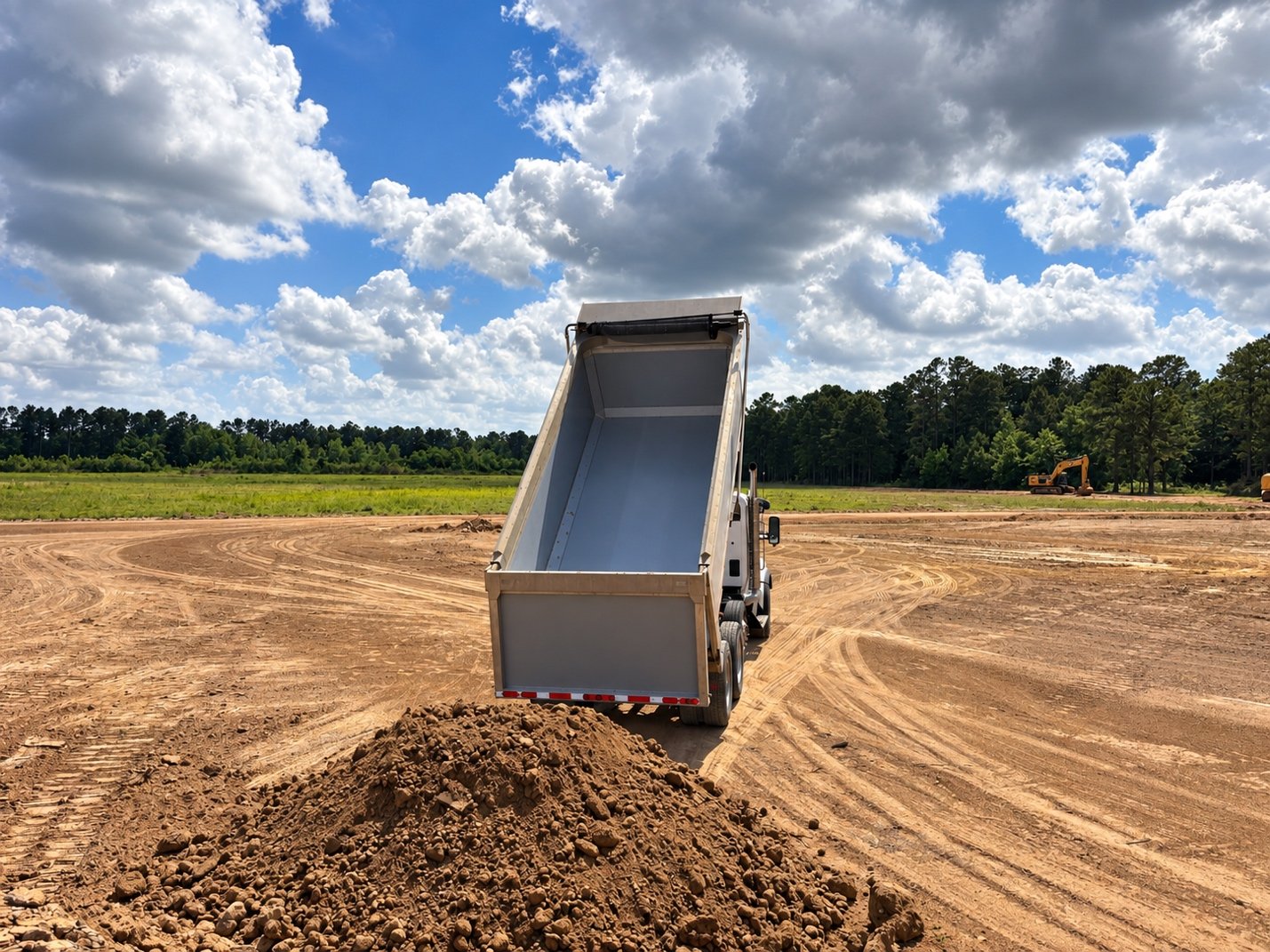 Wink dump body raised on a worksite